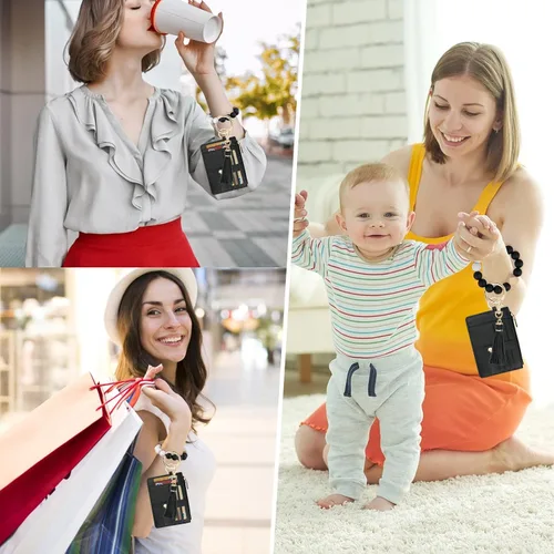 Vista 6 de Cartera llavero pulsera para mujer, delgado RFID tarjeta de crédito, monedero, borla llavero brazalete para hombres y mujeres, negro, (Rfid-black)