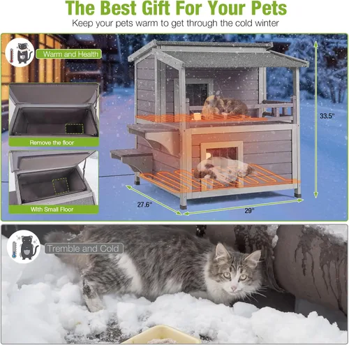 Vista 6 de GUTINNEEN Casa para Gatos de Exterior Climatizada Aislada con Calentador y Forro Térmico, Refugio Cálido de Invierno para Gatos Ferales Espacioso