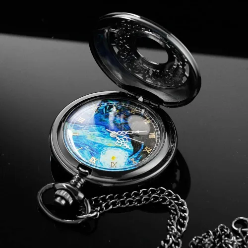 Vista 5 de Tiong Reloj de bolsillo con diseño de estrella azul hueca números romanos cuarzo con cadena regalos de cumpleaños de Navidad