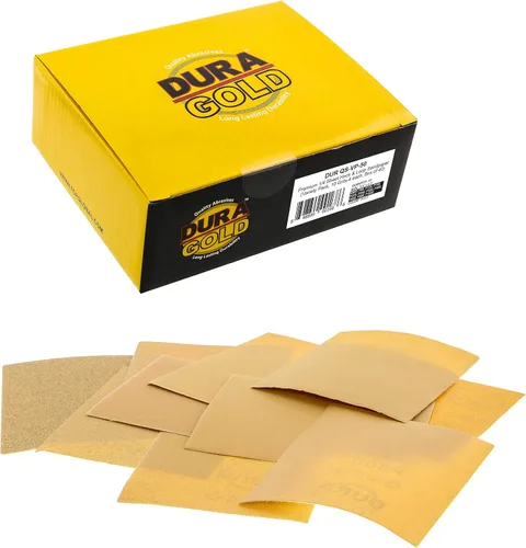 Vista 17 de Dura-Gold - Arenilla dorada 320 de alta calidad - Hojas de papel de lija de velcro 5.5 x 4.5 pulg - Para lijadoras de madera y automóviles - 25