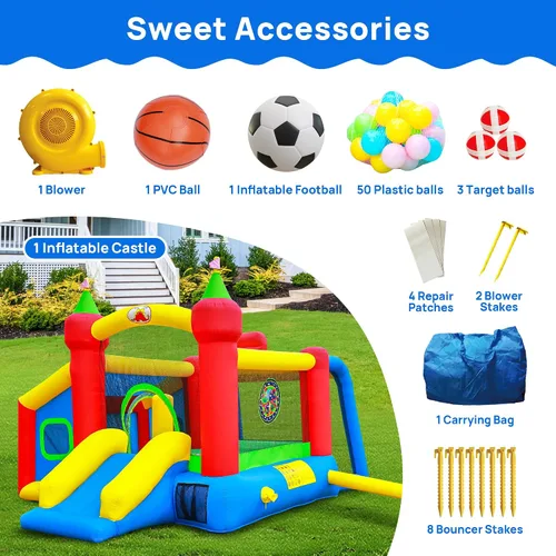 Vista 7 de WELLFUNTIME Casa Inflable para Saltar, Castillo Hinchable con Tobogán y Soplador, Brincolín para Niños con Alberca de Pelotas