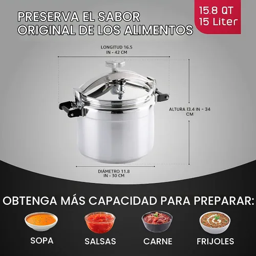 Vista 3 de Universal Olla a presión de aluminio grande de 15.8 cuartos de galón para uso profesional, grado comercial, 1 válvula de seguridad, asas reforzadas