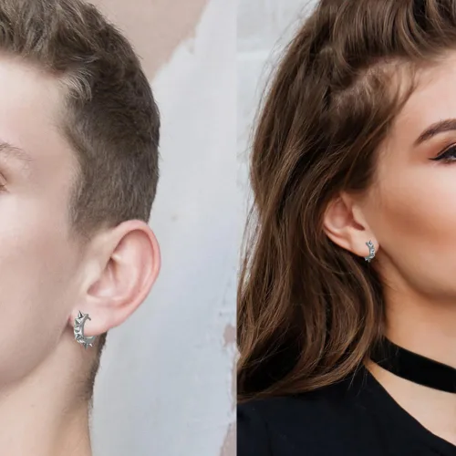 Vista 2 de Flongo Aretes de aro para hombre y mujer, de acero inoxidable, estilo punk, plata, Acero inoxidable