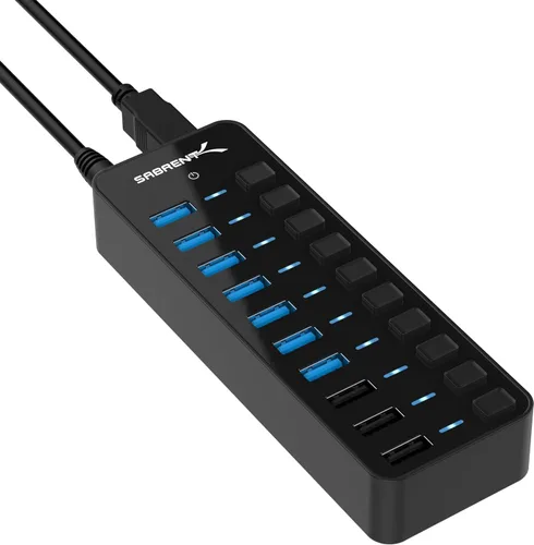 Vista 11 de SABRENT Hub USB-C de 7 puertos con interruptores de alimentación, USB 3.2 de 5 Gbps, concentrador alimentado de 48 W con 3 puertos USB-A + 4 puertos