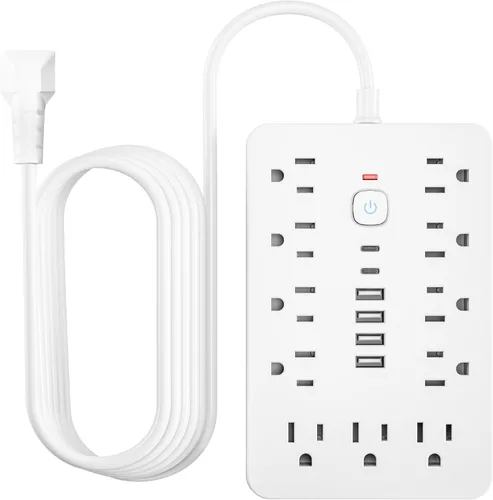Vista 9 de Protector de sobretensiones - Enchufe de pared con múltiples tomas de corriente alterna, 6 puertos USB (2 USB C), cable de extensión corto negro
