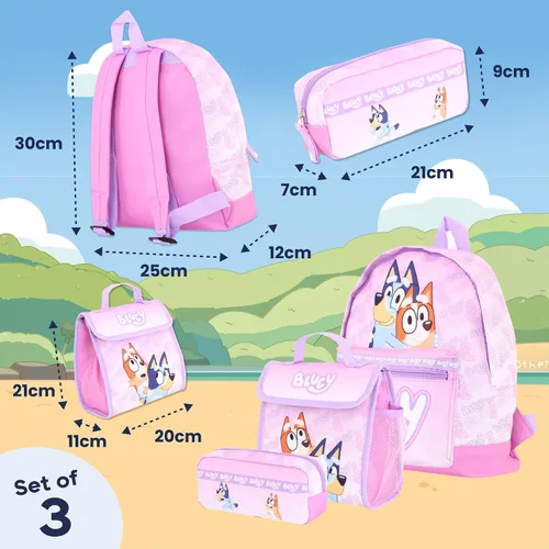 Vista 6 de Mochila Bluey para niñas, color rosa, juego de 3 piezas con lonchera y estuche para lápices