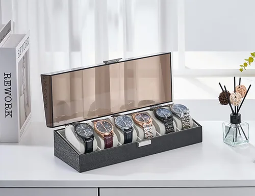 Vista 8 de Hzuaneri Caja de reloj, regalos de Navidad, caja de reloj de 6 ranuras con tapa acrílica grande, almohadas de reloj extraíbles, organizador, regalo