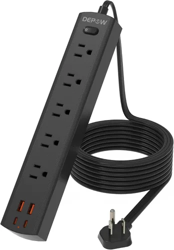 Vista 11 de DEPOW Regleta de Enchufes Negra con Protector contra Sobretensiones, Cable de Extensión Ultra Delgado de 5 Pies con Enchufe Plano, 1700 Julios, 5