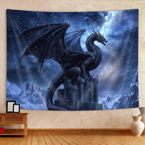 Vista 3 de JAWO Tapiz de dragón de fantasía, tapiz de galaxia azul castillo de animales geniales para colgar en la pared para niños y hombres, tapices, manta