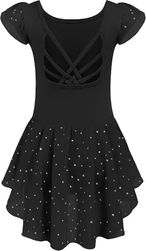 Vista 18 de Arshiner - Malla de ballet con mangas de volantes brillantes y falda con espalda cruzada para niñas Floral rosa aguamarina