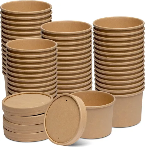 Vista 10 de GUSTO Recipientes de papel kraft de 8 onzas con tapas ventiladas. Tazones de sopa To Go Hot para llevar, tazas de helado desechables, ideales