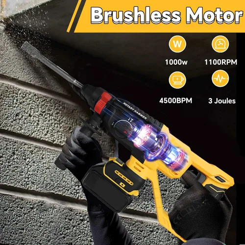 Vista 4 de Taladro de martillo giratorio inalámbrico para batería Dewalt de 20 V, SDS-Plus sin escobillas de 3 julios con 4 modos, mango auxiliar de 360° y 5