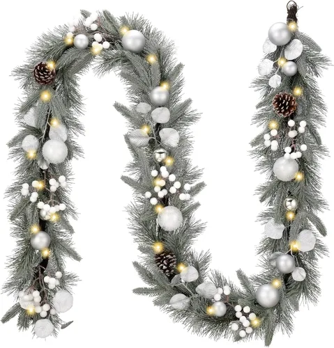 Vista 17 de Valery Madelyn - Guirnalda de Navidad de 1,8 m, preiluminada, con luces, para manto, guirnalda navideña iluminada para exteriores, con bolas