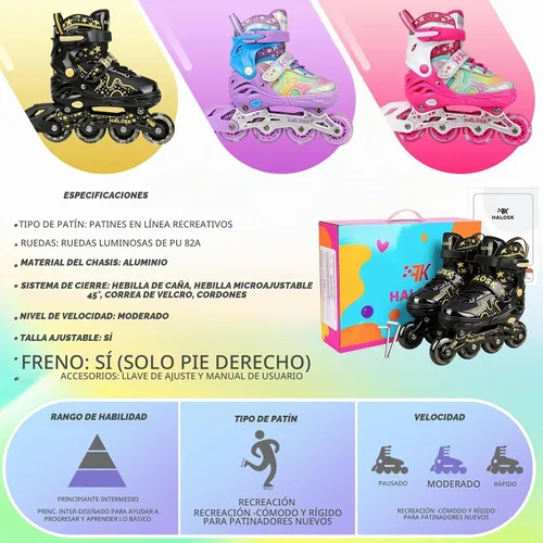 Vista 6 de Patines en línea para niñas y niños con ruedas iluminadas, patines de hoja ajustable, estrella de purpurina degradada con forro cómodo transpirable