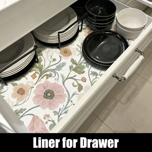 Vista 3 de Revestimiento de estante no adhesivo floral para cajones de cocina