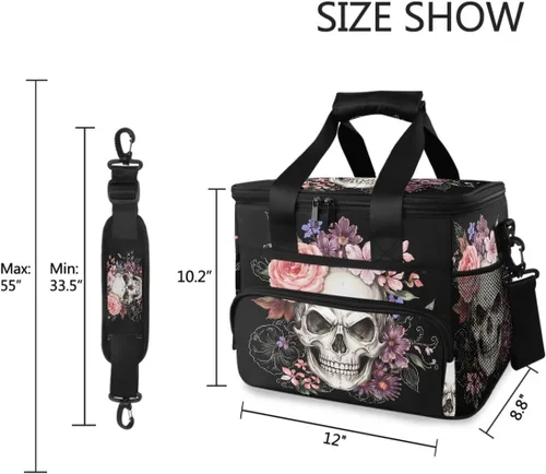 Vista 4 de ALAZA Sugar Skull Floral The Day of Dead - Bolsa de picnic aislada grande para adultos, hombres y mujeres