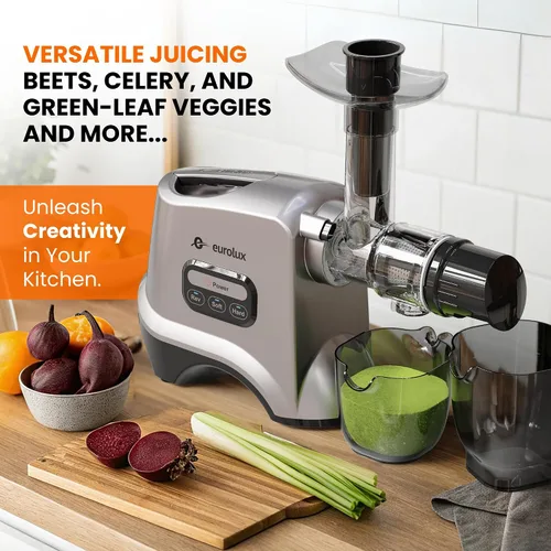 Vista 7 de Eurolux Exprimidor de masticación lenta, máquina de prensa en frío para extracción de jugo de alto rendimiento, exprimidor silencioso y potente