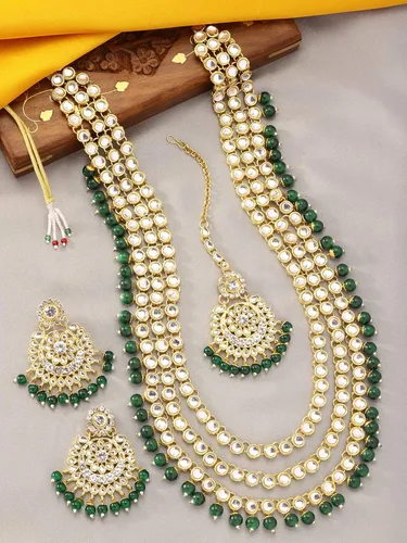 Vista 7 de Aheli Indian Ethnic Wedding Faux Kundan Beaded Bridal Long Necklace Earrings with Maang Tikka Traditional Jewellery Set for Women