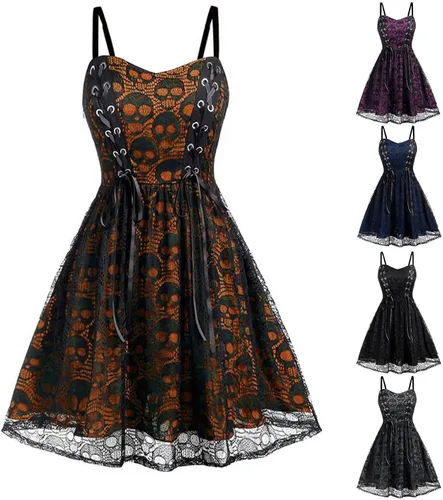 Vista 3 de Black Gothic Dress for Women, Womens Punk Dress Camisole Lace Swing Dress Spaghetti Strap Dress Goth Clothes