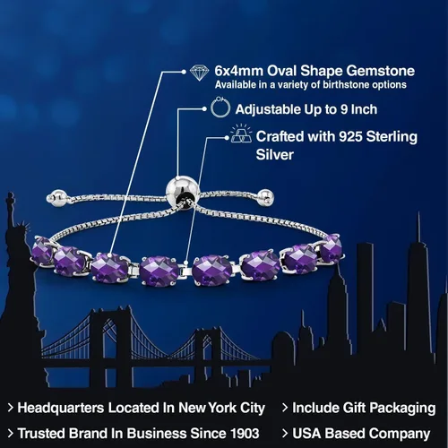Vista 154 de Gem Stone King Pulsera de plata de ley 925 con piedra natal ovalada de 0.276 x 0.197 in para mujer, totalmente ajustable hasta 9 pulgadas