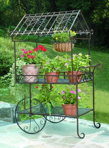 Vista 2 de TC104 - Soporte grande para plantas de carrito de flores, pátina natural