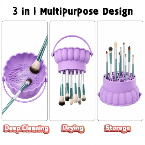 Vista 2 de Pinkiou Makeup Brush Cleaner Mat, 3-in-1 Silicone Cosmetic Brushes Cleaning Bowl with Hanging Drying Mesh & Holder Organizer, Multi-Texture Wash Pad
