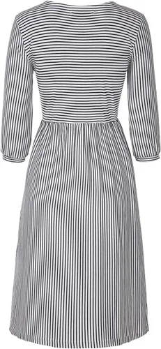Vista 8 de Merokeety Vestido tipo camiseta, para mujer, diseño a rayas con manga globo 34, cintura alta, largo por debajo de la rodilla y bolsillos