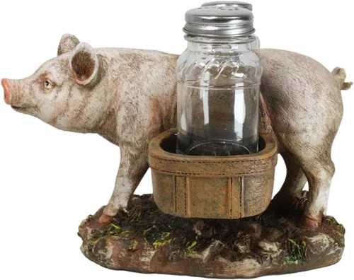 Vista 6 de Ebros Gift Animal Farm Barn Cerdo Porky con alforjas Sal Pimienta Titular Estatuilla Cerdo Cerdo Caprichoso Cerdo Tocino Piglet Estatua Organizador