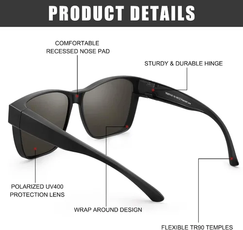 Vista 5 de Peekaco Gafas de sol que se ajustan sobre gafas para hombres y mujeres, lentes de sol polarizados cuadrados ligeros para usar sobre anteojos