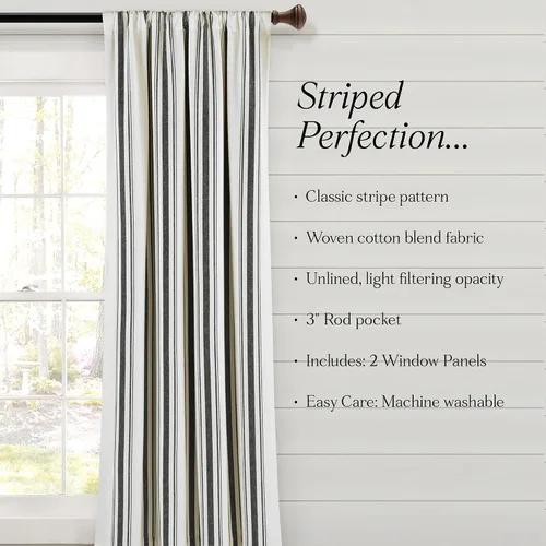 Vista 7 de Lush Decor Farmhouse Stripe - Par de paneles de cortinas de ventana de algodón reciclado ecológico teñido en hilo a rayas, 42" A x 63" L, Negro