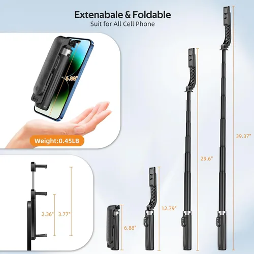 Vista 5 de UTEBIT Trípode para selfie stick con luz, soporte de trípode portátil de 40 pulgadas con control remoto inalámbrico, tornillo de 1/4 pulgadas