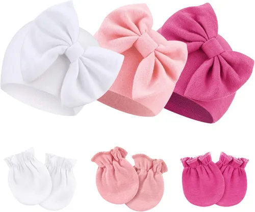 Vista 25 de BQUBO Gorros para Niñas Recién Nacidas Conjunto de Gorro y Manoplas para Bebé Gorros para Infantes con Moño Gorro de Hospital con Manoplas