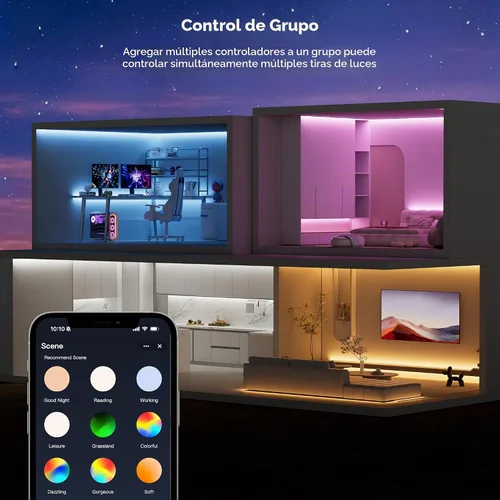 Vista 6 de MIWISE Tira de luces LED RGB COB 9.84 pies/3m, tira de luz de cambio de color regulable DC24V, compatible con Alexa/Google Assistant/Tuya, cinta