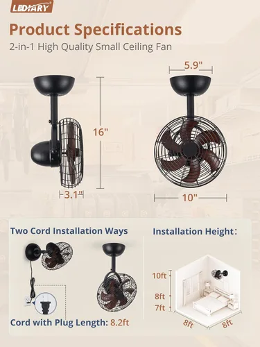 Vista 6 de LEDIARY Ventilador pequeño de montaje en pared de 10 pulgadas y control Nogal