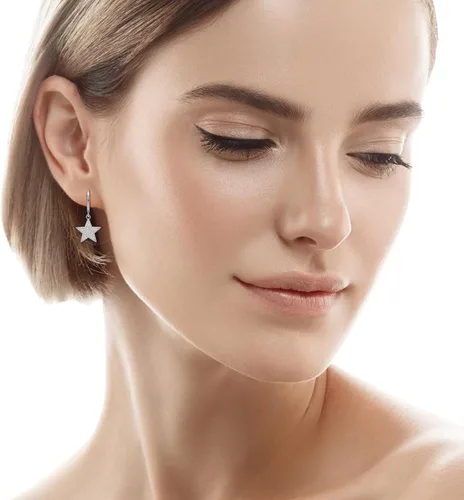 Vista 3 de Aretes colgantes de aro con diamantes de imitación de estrella de plata de ley 925/oro para mujeres