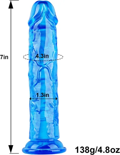 Vista 6 de Consolador pequeño realista de 7 pulgadas, juguete sexual realista de TPE azul, para principiantes, pene delgado sin bola con fuerte ventosa, bonito