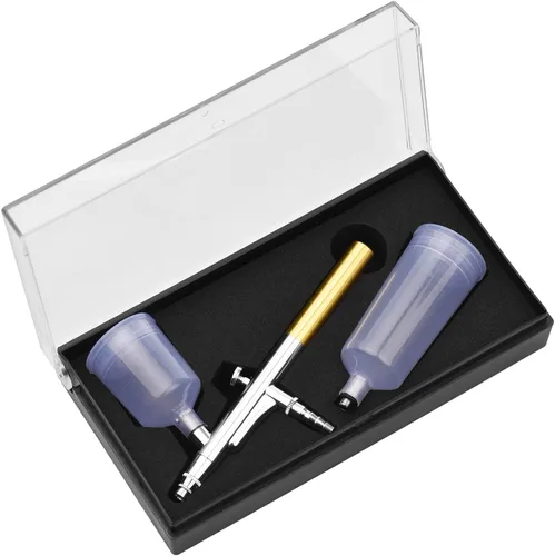 Vista 7 de Kit de aerógrafo con compresor, juego de cepillos de aire de mano, presión ajustable de 5 niveles de doble acción con 2 vasos de pintura