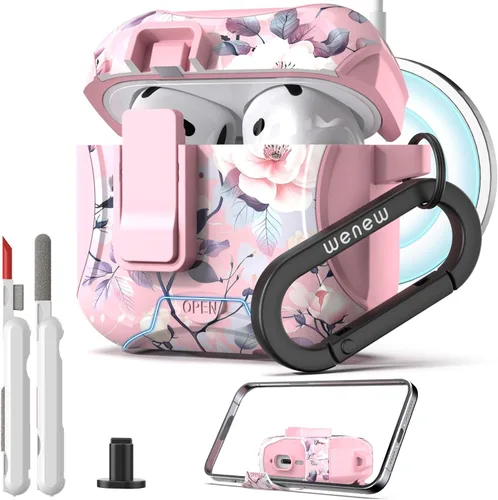 Vista 15 de wenew Funda compatible con AirPods Pro de 2ª/1ª generación con soporte para teléfono, limpiador, clip, compatible con Magsafe, funda de carga