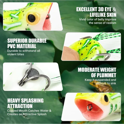 Vista 4 de Syosisny Juego de 5 señuelos de rana Topwater con ganchos sin hierbas, señuelos de pesca suaves con diseño realista, perfecto para pesca de lubina