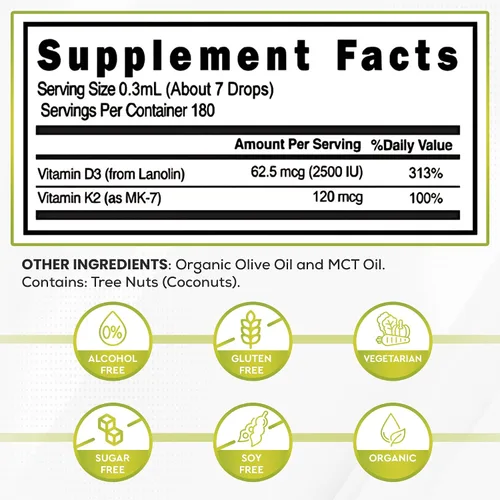 Vista 2 de Vitamina D3 + K2 (MK-7) Gotas líquidas con aceite MCT y aceite de oliva, vegetariano, sin OMG, sin soja, sin gluten, sin alcohol, 1 botella, 2 onzas