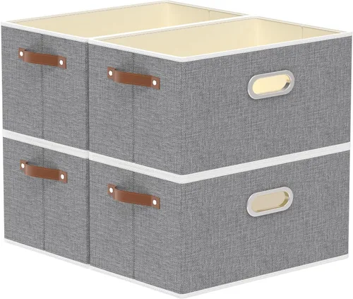 Vista 14 de Yawinhe Cestas de almacenamiento de tela, organizador plegable de armario para estantes, cajas grandes con 3 asas, contenedores de lona para ropa