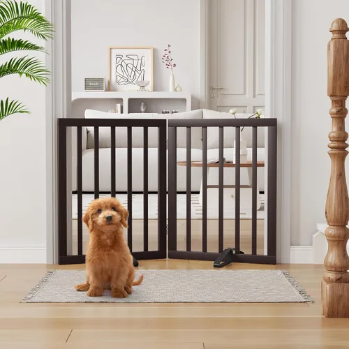 Vista 16 de Semiocthome Puertas de bambú para perros para interiores, puertas independientes de 2 paneles para cachorros para la casa con 2 soportes de metal
