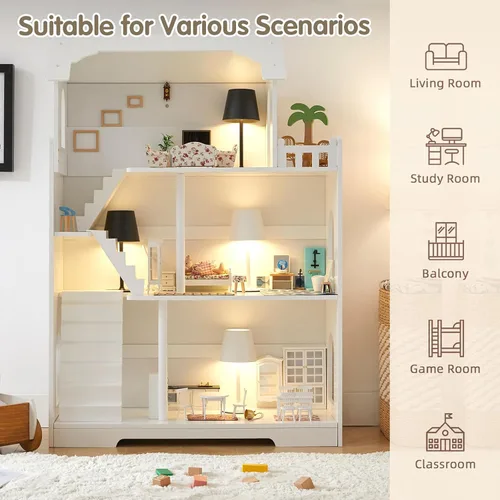 Vista 14 de Estantería de Casa de Muñecas de Madera - Estantería de Casa de Muñecas para Niños Pequeños, Espacio Extra para Almacenamiento de Juguetes y Libros