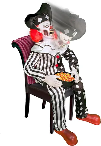Vista 9 de Haunted Hill Farm Hartley The Sitting Scare Clown de Tekky, animatrónico de Halloween activado por movimiento para decoración de bromas de fiesta