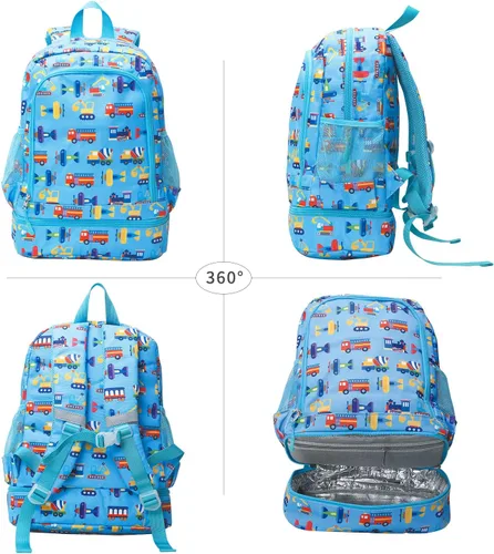 Vista 7 de Mochilas para niños y niñas, bonita mochila ligera para niños y niñas, mochila preescolar con bolsa de almuerzo aislada, Azul, Personalizado