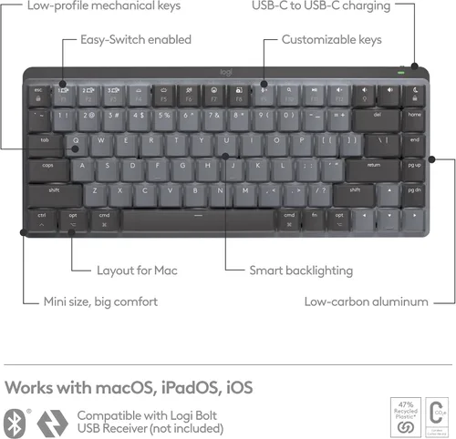 Vista 4 de Logitech MX Mechanical Mini - Teclado inalámbrico iluminado para Mac, interruptores de rendimiento de bajo perfil, teclas táctiles silenciosas, Gris