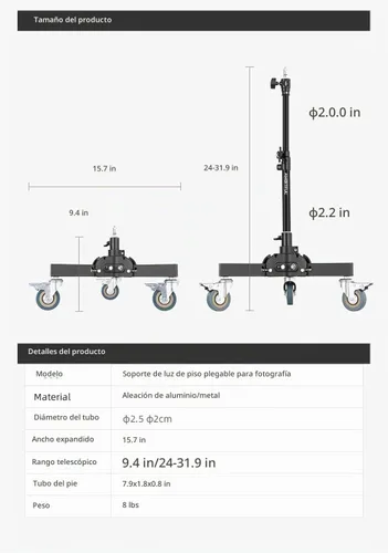 Vista 3 de AMBITFUL Soporte de luz de fotografía con ruedas de 21-31.9 pulgadas con altura ajustable, diseño plegable y 3 ruedas de bloqueo para disparos