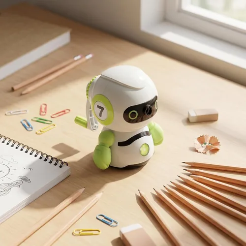 Vista 6 de Sacapuntas manual de diseño de robot con función de alimentación automática, mecanismo de manivela para estudiantes, niños, colores aleatorios