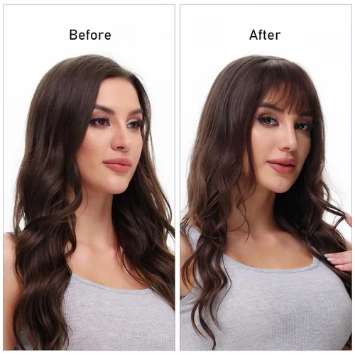 Vista 4 de Extensiones de cabello humano con clip, de cara frontal plana, flequillo, con sienes, rubio oscuro, suave, piezas de cabello humano real para mujer