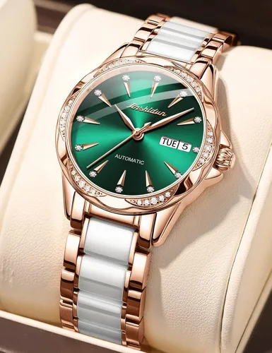 Vista 5 de OLEVS Reloj automático de cara grande para mujer, reloj de vestir automático acentuado con diamantes para mujer, cristal de zafiro resistente al